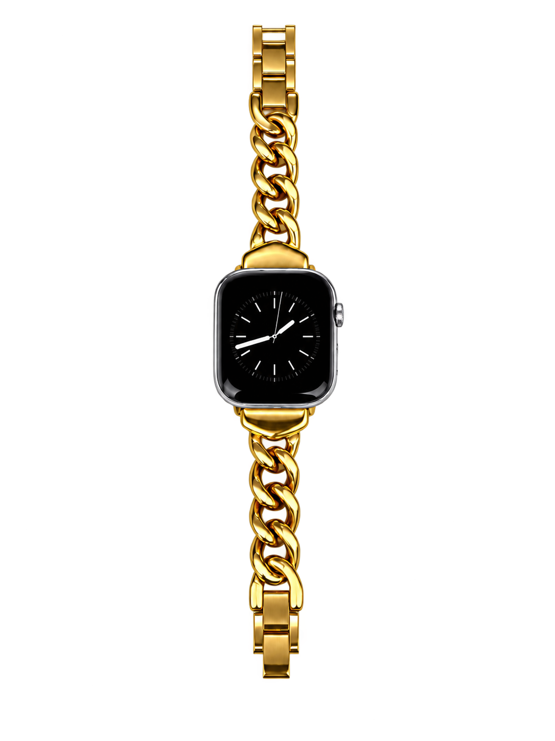 A gold toned metal link watch band attached to a smartwatch with an analog-style face, centered on a plain transparent background.