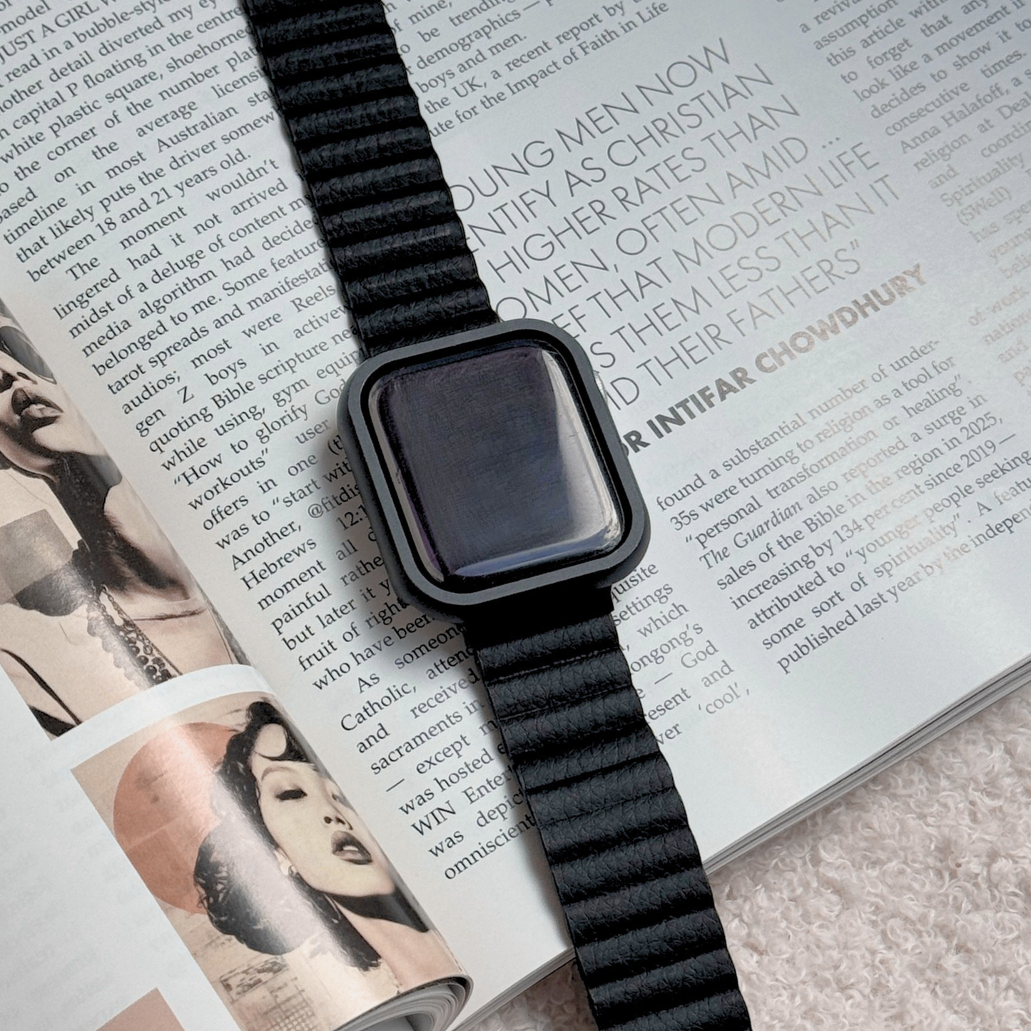 Black stainless steel Apple Watch case cover shown on an open magazine with a matching band. Premium protective bumper, available for Apple Watch 38mm to 49mm, Series 1-11, SE and Ultra