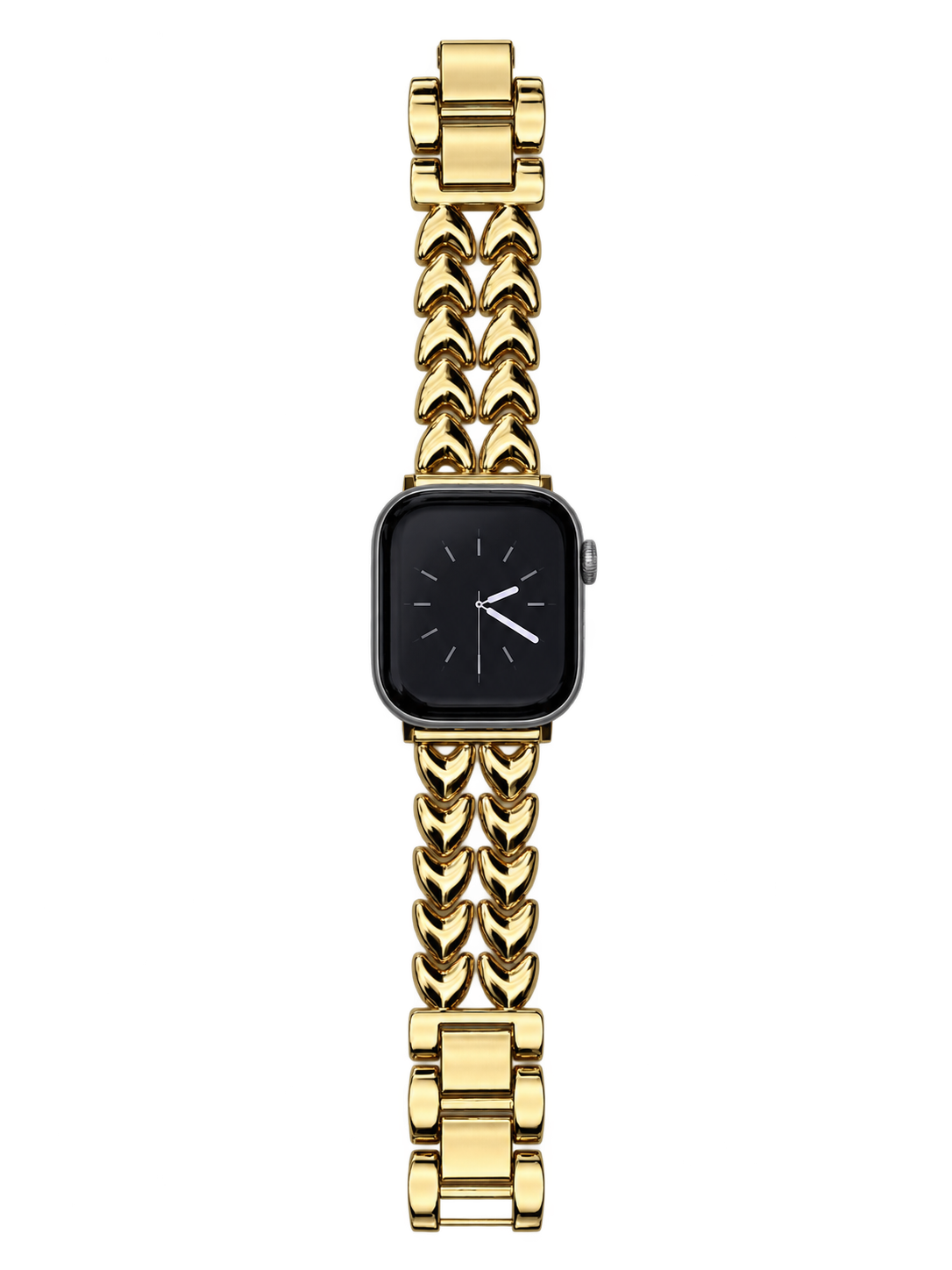 A gold-tone metal link watch band with a rectangular watch face, shown centered on a plain transparent background.