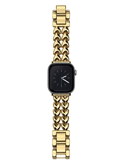 A gold-tone metal link watch band with a rectangular watch face, shown centered on a plain transparent background.
