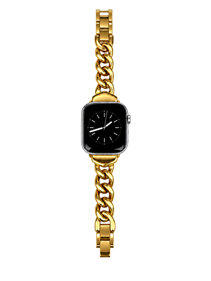 A gold toned metal link watch band attached to a smartwatch with an analog-style face, centered on a plain transparent background.